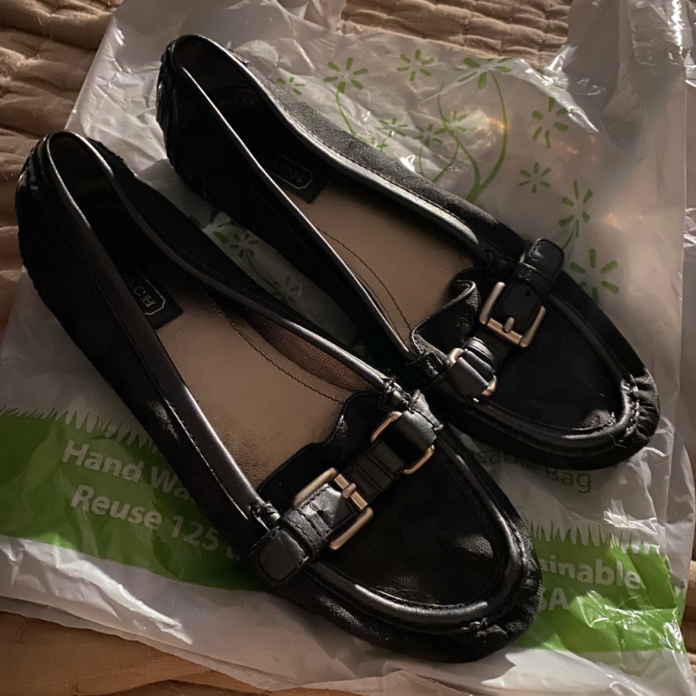 Coach Black Leather Loafers with Gold Buckle Hardware